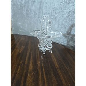 English Floral Etched Glass Basket Candy / Trinket Dish Stemmed Legs 7in‎